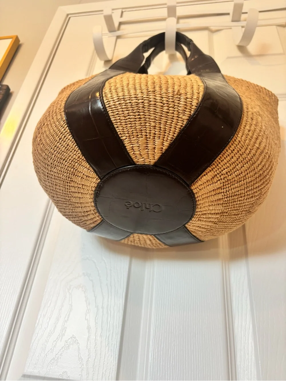 Chloe Tan Straw Tote with Dark Brown Leather Straps